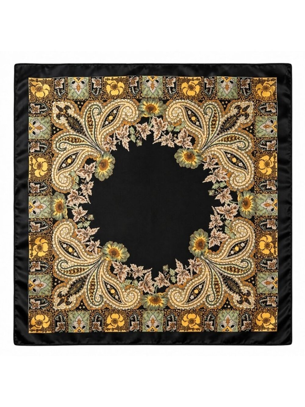Luxury Paisley Floral Satin Scarf for Women  35” Square Black Gold Sage Green